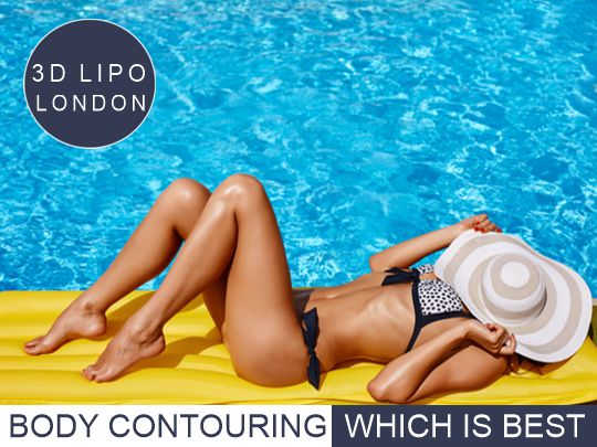 A woman in a bikini relaxes on a raft, pondering the question: "Which body contouring method is best?